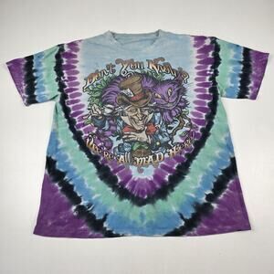 Liquid Blue Shirt Mens XL Tie Dye Alice in Wonderland Mad Hatter Cheshire Cat
